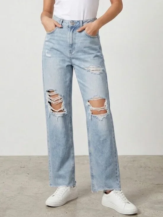 SHEIN Jeans Womens Medium US 6 Light Blue Distressed High Rise Streetwear Ripped - Picture 1 of 7